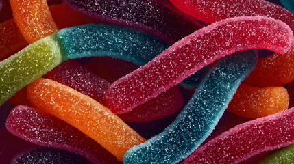 A cheerful and colorful full-frame background of sour gummy worm candies. The vibrant, multi-colored, and sugar-coated worms create a fun and playful texture for party and sweet concepts.