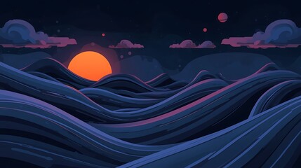 Vibrant sunset over wavy ocean landscape with purple clouds