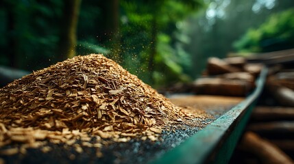 Industrial detail of a pile of brown wood chips or biomass fuel on a conveyor belt with blurred green forest background and sharp textures.