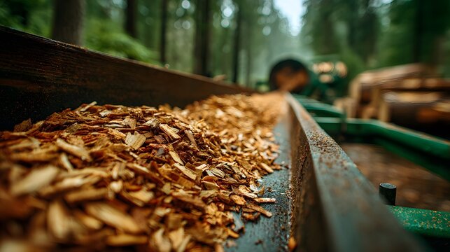 Industrial detail of a pile of brown wood chips or biomass fuel on a conveyor belt with blurred green forest background and sharp textures.