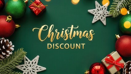Christmas discount banner with festive ornaments and holiday stars on green background