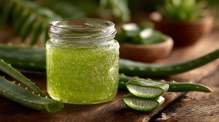 A clear jar of green aloe vera gel sits beside fresh aloe leaves, highlighting its natural and soothing properties for skincare.