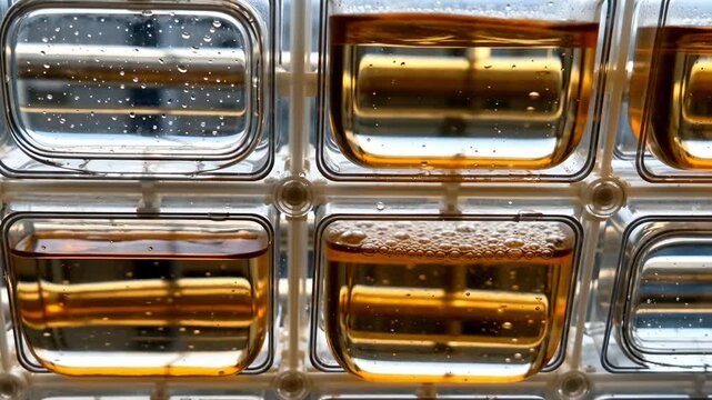 Transparent containers with amber liquid demonstrate water scarcity, technology, laboratory research, science, and efficient resource management through innovative transparent container solutions