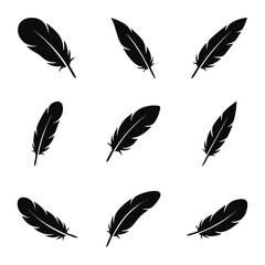 Vector Feather Icons collection. Black feather silhouette set.