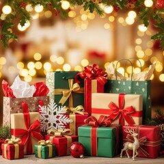 Beautiful stack of christmas gifts with shopping bags and warm lighting