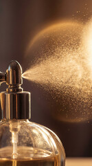 Luxurious perfume spray with golden mist for elegant fragrance design