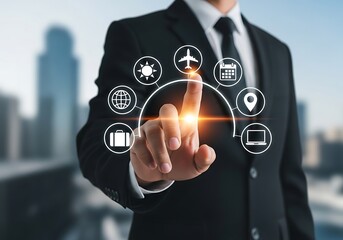 Businessman selecting travel icons on digital interface