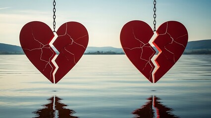 Two broken hearts hanging over the water reflecting feelings of separation and loss