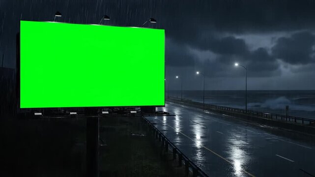 Empty rain-soaked road illuminated by streetlights during stormy weather at