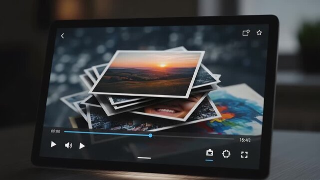 tablet photo stack of landscape photos with sunset on display