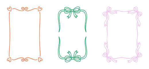 A set of three hand-drawn frames in orange, green, and pink, featuring bows and hearts, on a white background, perfect for decorative and design purposes.