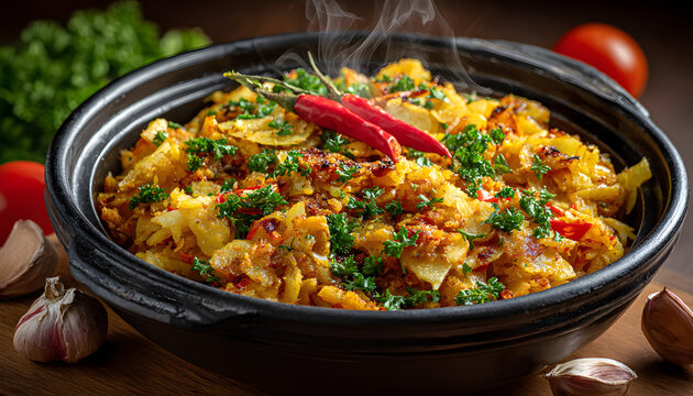 Hot Kottu Roti dish in black bowl with parsley, red chili. Sri Lankan cuisine with chopped roti, vegetables, spices. Ingredients like garlic, tomato, chili pepper around. Spicy food, culinary,
