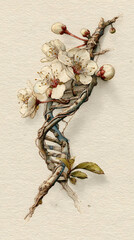DNA Blossom Fusion, Floral Branch, Botanical Art, Studio, Minimalist Illustration, Scientific Concept