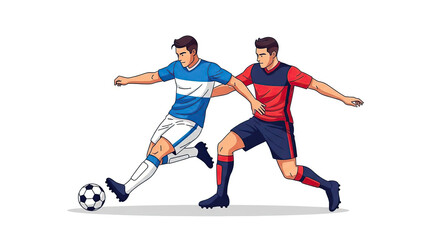 Fototapeta premium Football players in action. Two athletes are playing and kicking the ball in white background.