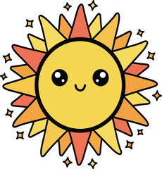 Fototapeta premium Happy Kawaii Sun Character with Orange and Yellow Rays Surrounded by Sparkles