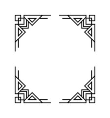 A set of four identical geometric corner designs featuring triangles, lines, and squares in a black and white color scheme, arranged in a symmetrical pattern on a plain background.