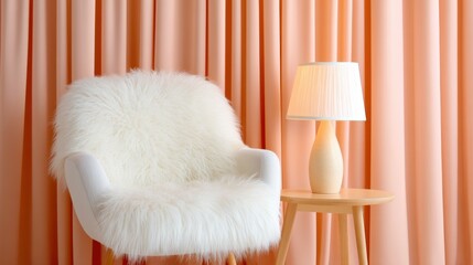 Bedroom vignette, fluffy white fur chair next to bed, silk curtains, warm lamp glow, tactile luxury detail