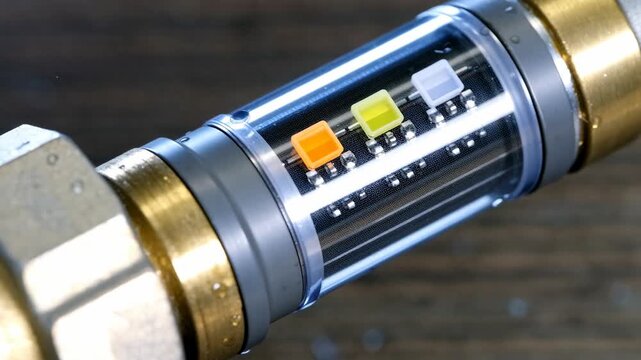 Smart water scarcity technology device with transparent tube and colored indicators for monitoring water flow and conservation industrial or residential plumbing systems, innovative solution