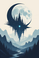 Sci- Fi Cityscape Floating Under a Crescent Moon sci-fi