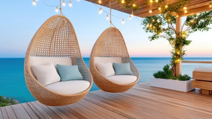 Boho terrace, centered pair of hanging rattan egg chairs with cushions, wooden deck, warm string lights, view of sunset over ocean, relaxing