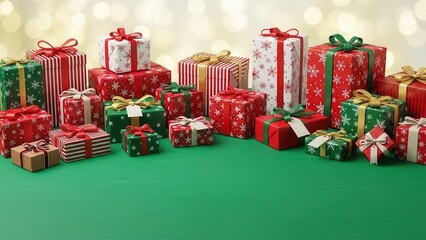Large collection of christmas gifts in red and green colors on a vibrant green surface with bokeh lights