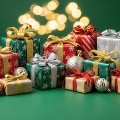 Assortment of colorful christmas presents with bokeh lights in background creating warm holiday atmosphere