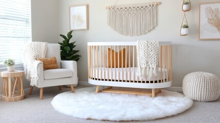 Cute boho nursery, centered rattan crib, large round fluffy white shag rug underneath, chunky knitted baby blankets, macrame wall hanging, soft pastel