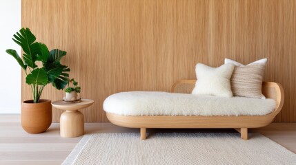 Eco lounge area, centered daybed covered in sheepskin throws. Feature wall covered in natural textured cork. A layered rug composition on the floor