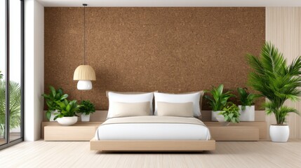 Eco modern bedroom, textured dark cork wall behind bed, green plants, warm light, natural vibe