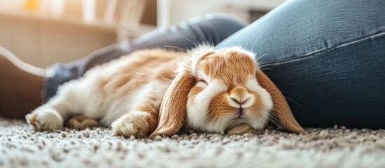 Adorable Holland Lop rabbit sleeping soundly on a shaggy carpet beside a person's legs in blue jeans, capturing a peaceful domestic pet moment.