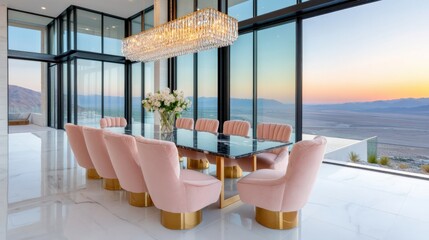 Glam dining room, centered glossy black marble table with velvet chairs, crystal chandelier, panoramic view of vast desert landscape at sunset