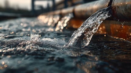Industrial close-up of water cascading from pipes into a treatment tank, featuring clear texture, sparkling droplets, and clean sunny aesthetic.