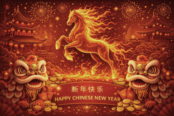 Fire Horse with Chinese Lions and Fireworks Celebrating the Lunar New Year