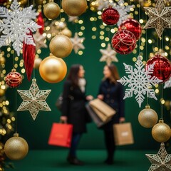 Beautifully arranged christmas decorations featuring golden ornaments red baubles and sparkling snowflakes hanging over two shoppers in dark coats