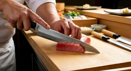 Obraz premium Close-up of professional sushi chef's hands slicing fresh tuna with a sharp yanagiba knife on a clean, dry wooden cutting board