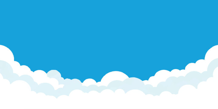 Bright blue sky with flat design cartoon clouds bottom border isolated on white background