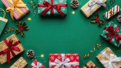 Christmas gifts frame on green background with copy space in center
