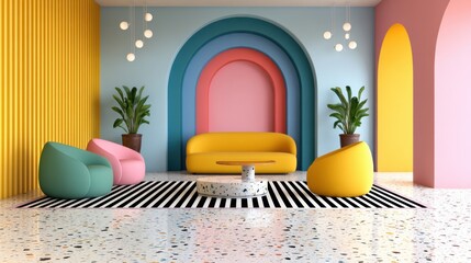 Memphis style living room, bold color block walls, sculptural furniture in primary colors, graphic black and white rug, terrazzo floor, playful lighting