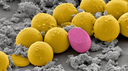 Micrograph capturing energetic spherical entities featuring detailed granular surface patterns