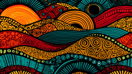 Modern abstract illustration with wavy lines and ethnic motifs.