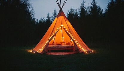 Illuminated Glamping Teepee Tent with String Lights in a Dark Forest at Night