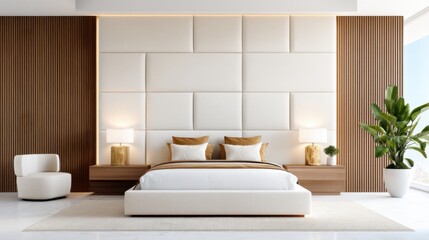 Modern bedroom, centered bed with wide integrated velvet headboard spanning the wall, built in lights, cozy functional luxury