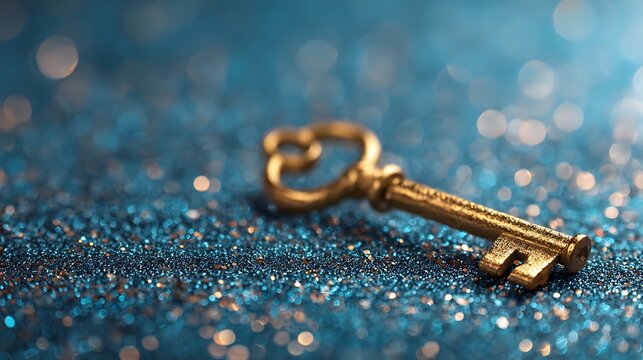 Close-up of a gold skeleton key on a sparkling teal surface, shallow depth of field