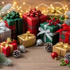 Variety of festive christmas presents and pine cones on a rustic wooden table with sparkling string lights