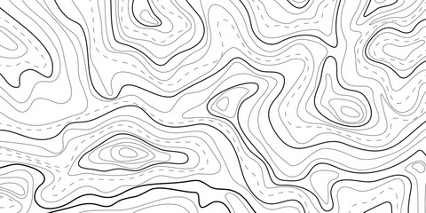 Map of topographic relief lines, illustration of relief contour Topographic landscape surface Concept of conditional geography scheme, terrain path Cartographic texture of abstract ocean relief banner © Volha