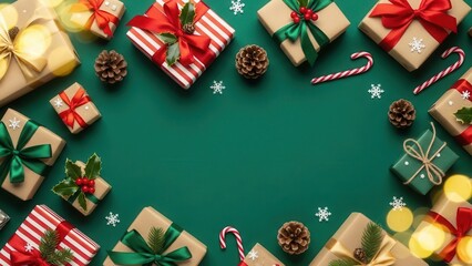 christmas gifts and decorations arranged around border