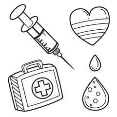 A clean black-and-white line drawing showing four medical symbols: a syringe with measurement markings, a heart containing a globe pattern, a first-aid kit with a cross, and a medicine bottle.