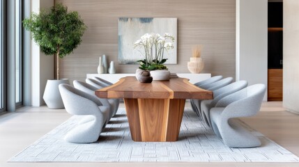 Modern dining room, centered solid wood table. Chairs fully upholstered in textured grey fabric. Walls are smooth warm microcement. A flatweave geometric