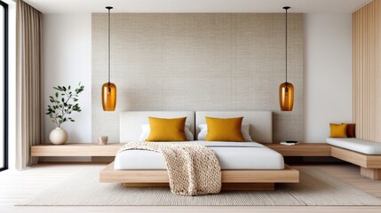 Moody bedroom, centered bed with knitted throw. Thick blackout linen curtains in taupe color. Two low hanging amber glass pendant lights on either side