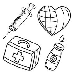 Black-and-white icons: syringe, globe-heart, first aid kit, medicine bottle. Theme: global healthcare.